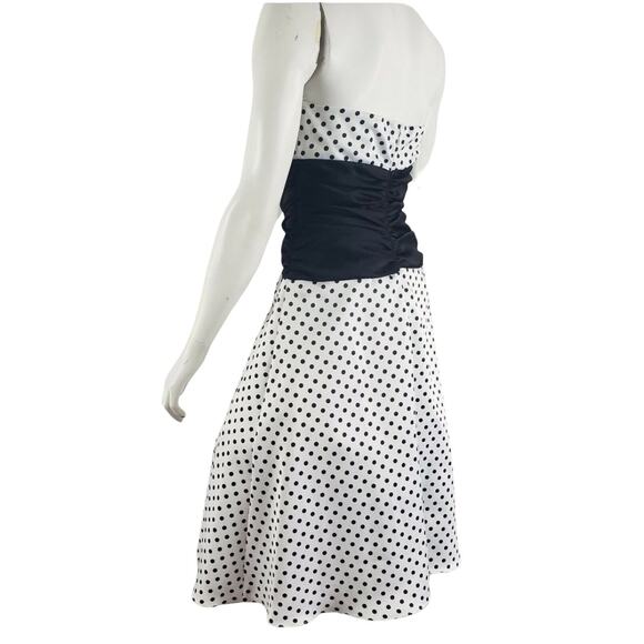 Niki Livas Pin Up Fit Flare Dress Polka Dot Ruched Bandeau Sash Strapless White - Picture 2 of 11